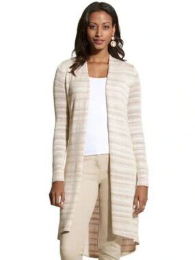 Chico's White Tan Cream Striped Open Front Long Sleeve Lightweight Cardigan
